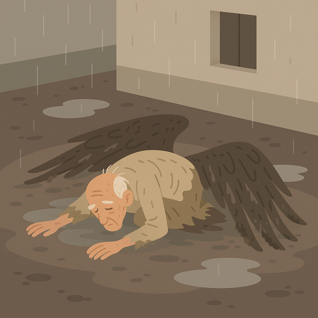 Muddy courtyard with a very old man with enormous wings lying face down