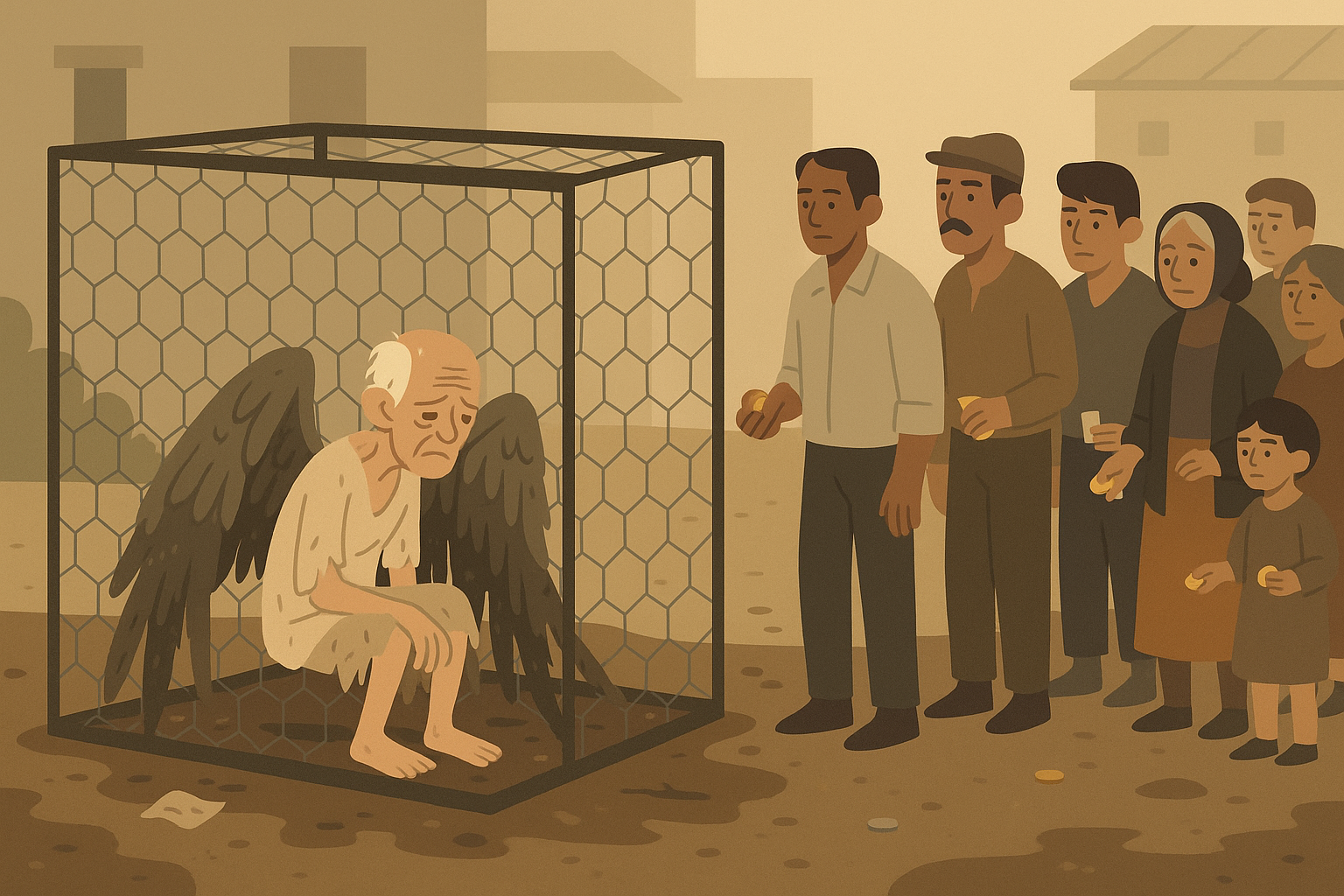 Chicken coop with the old man inside, crowd outside like a market