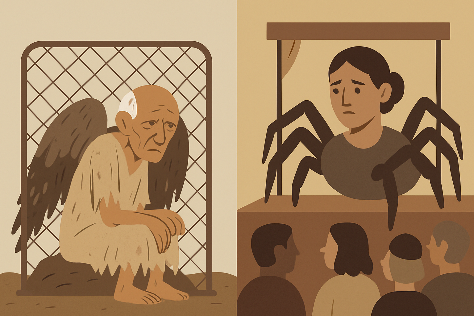 Chicken coop with the old man and a stage with a spider woman drawing a crowd